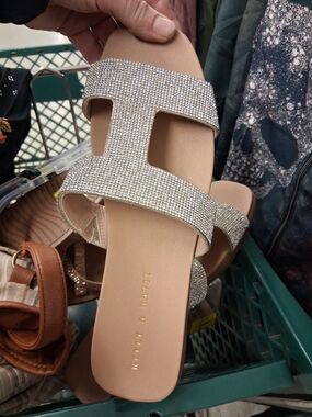 Kelly & Katie Champagne Rhinestone Double-Strap Slide Sandals